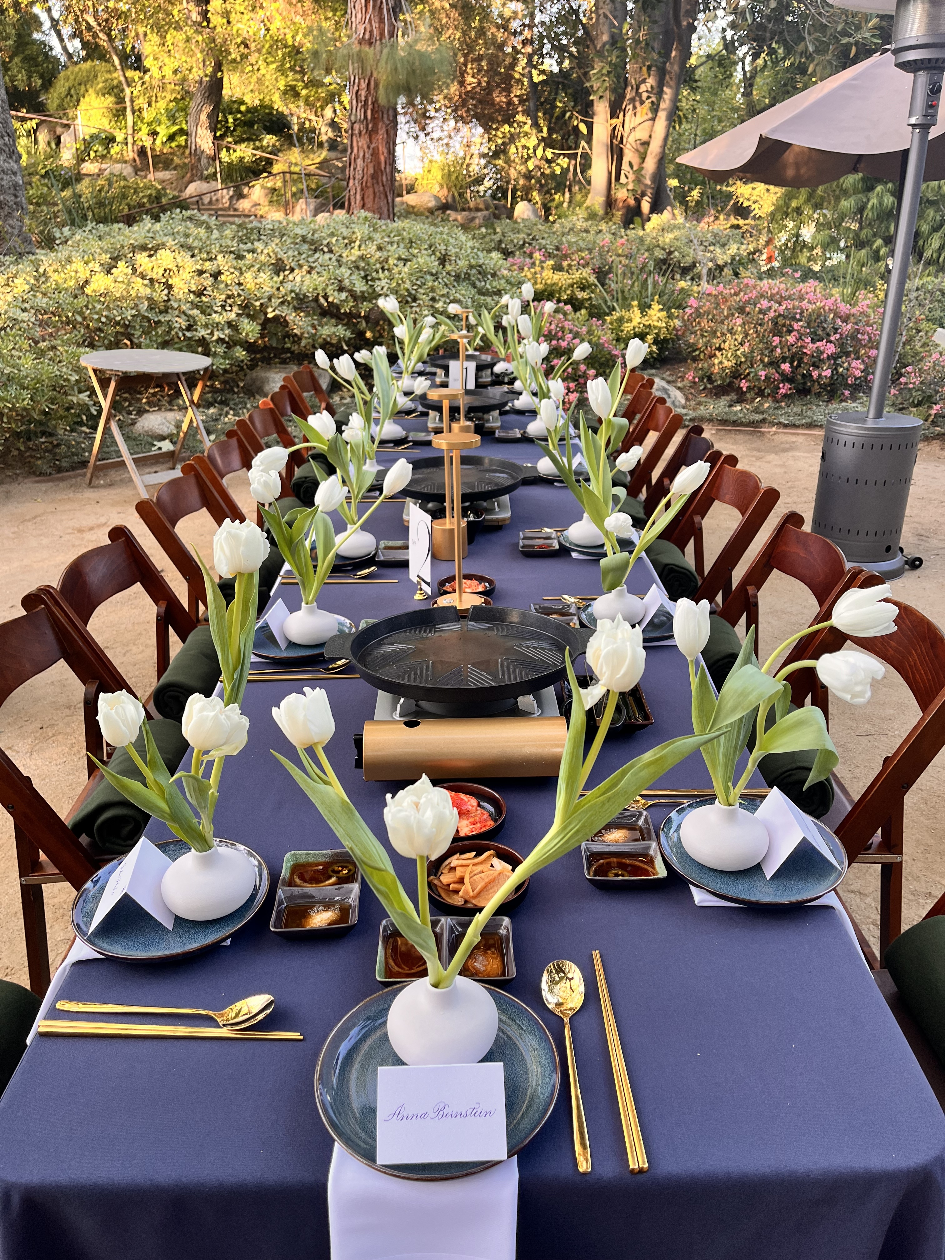 Korean BBQ wedding catering setup with tabletop grills at a Los Angeles wedding reception